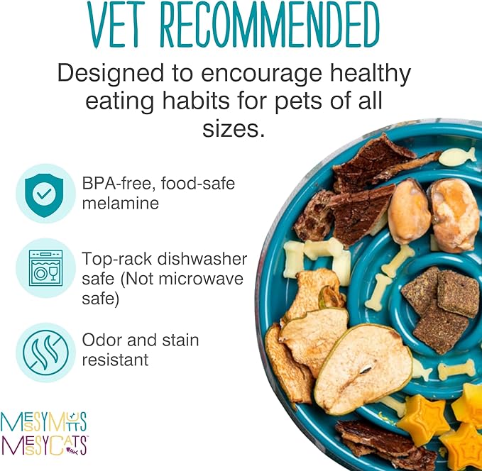 Messy Mutts Interactive Slow Feeder | Puzzle Slow Feeder Dog or Cat Bowl | Enrichment Food Dish to Slow Eating, Prevent Bloating | 8” x 1.3” | 1.75 Cup | Blue