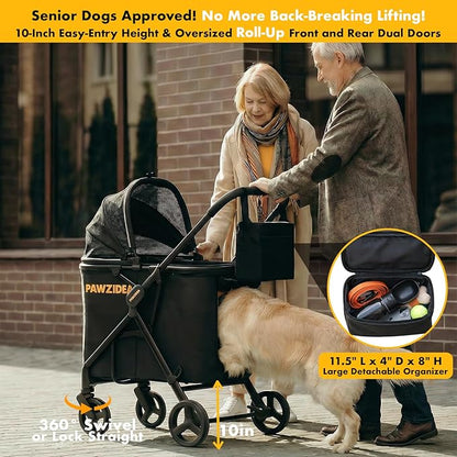 PAWZIDEA Large Dog Stroller up to 80 lbs, No-Zip 180° Reversible Canopy Lockable, Lightweight Pet Stroller for 2 Medium Dogs, One-Hand Foldable, Low-Entry, All-Terrain Jogger Wheels, Storage Organizer