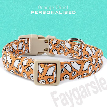 Faygarsle Halloween Ghost Pattern Dog Collar with Charm, Orange and White,for Small Medium Large Dogs L