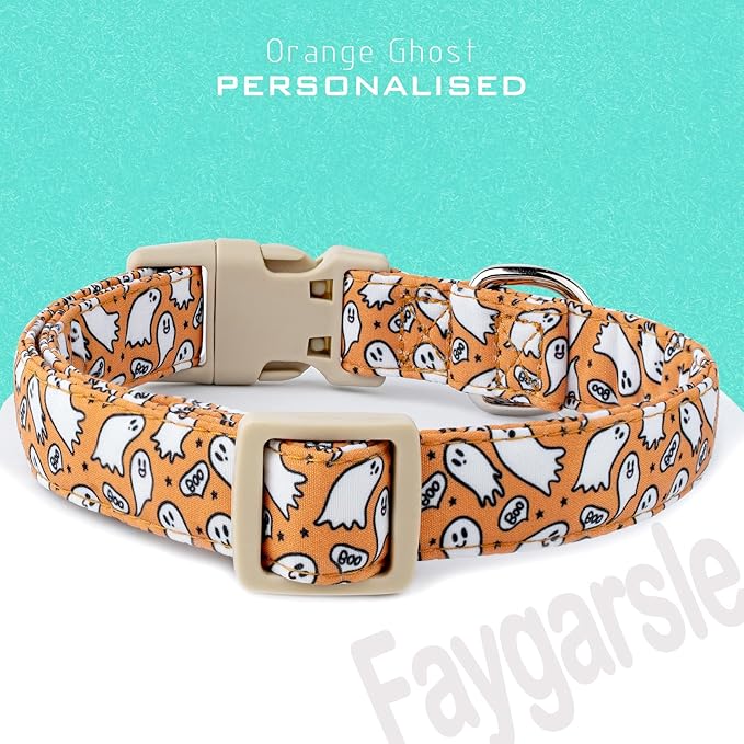 Faygarsle Halloween Ghost Pattern Dog Collar with Charm, Orange and White,for Small Medium Large Dogs M