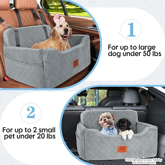 GL GLENSLAVE Dog Car Seat for Medium/Large Dogs, Dog Booster Seat for Pet Under 50lbs or 2 Small, Detachable and Washable Pet Car Seat,Multi-Functional Pet Travel Bed for Backseat(Grey)
