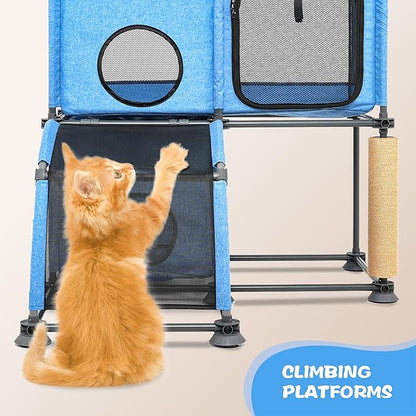 Large Cat Hamock Bed with Scratching Post – Multi-Level Cat Tree with House Condos & Ladder for Indoor/Outdoor Use+Blue/Three-Tier