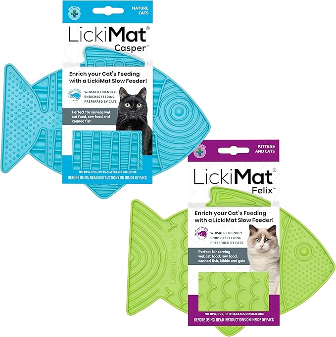 Lickimat Casper & Felix, Fish-Shaped Cat Slow Feeders Lick Mat, Boredom Anxiety Reducer; Perfect for Food, Treats and Anxiety Reduction. (Turquoise & Green)