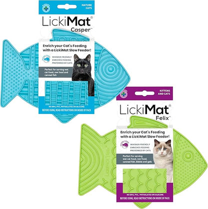 Lickimat Casper & Felix, Fish-Shaped Cat Slow Feeders Lick Mat, Boredom Anxiety Reducer; Perfect for Food, Treats and Anxiety Reduction. (Turquoise & Green)