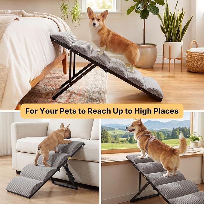Veehoo Dog Ramp for Bed Couch for Small to Large Dog, Foldable Ramp for Dogs to Get on Bed 5 Adjustable Height from 17" to 23", Pet Cat Stairs Doggy Steps Non Slip with Metal Frame, Up to 130lbs