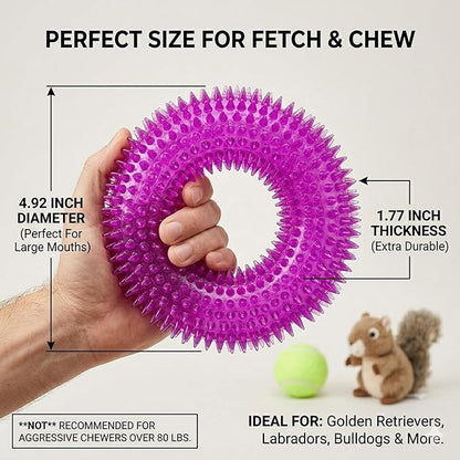 ADUCK Dog Squeaky Chew Toys for Aggressive Chewers, Small Medium Large Dogs Teeth Cleaning Soft Natural Rubber Float Toy for Indoor Outdoor Water Pool, Donut Ring Design 4.92 inch, Crystal Purple
