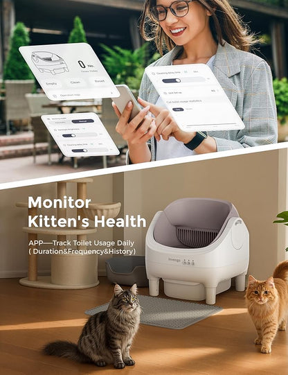 Automatic Cat Litter Box Self Cleaning, App Control, Open-Top Automatic Litter Box with Safety Sensors, Ultra-Quiet, 10.5L Waste Bin with Odor Control, 2 Rolls of Garbage Bags, Champagne