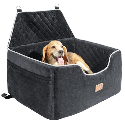 VEVOR Dog Car Seat, Waterproof Dog Booster Seat for Car with Side Handles and a Storage Pocket, Clip-On Safety Leash and PP Cotton Filling, Vehicle Bed for Small Dogs up to 25lbs, Gray