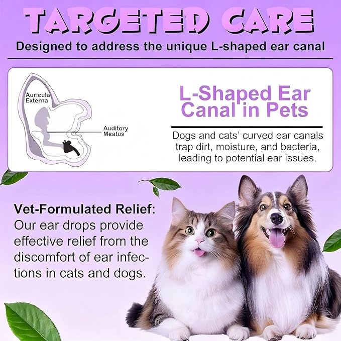 Dog Ear Cleaner Solution Vet-Recommended Dog Ear Infection Treatment to Soothe Itchy & Inflamed Ear Drops for Dogs & Cats to Gently Removes Debris, Wax Buildup, Odor - 4 fl oz