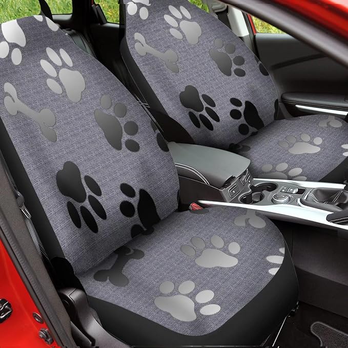 Grey Black Dog Paw Bones Printed Car Seat Cover only for Front, Waterproof Soft Universal Bucket Seats Cover Protector Fit Most Vehicles