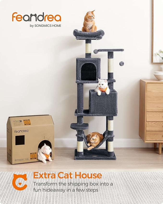 Feandrea Cat Tree, 59.5-Inch Tall Cat Tower, Plush Multi-Level Condo with 5 Scratching Posts, 2 Perches, 2 Caves, Hammock, 2 Pompoms, Smoky Gray UPCT192G01