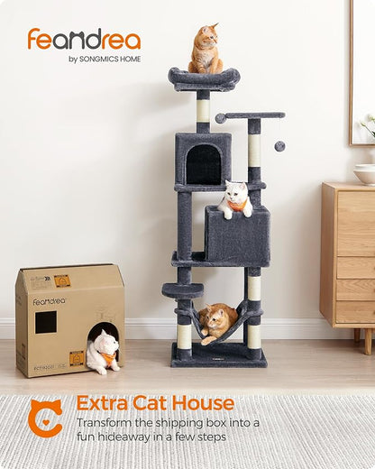 Feandrea Cat Tree, 59.5-Inch Tall Cat Tower, Plush Multi-Level Condo with 5 Scratching Posts, 2 Perches, 2 Caves, Hammock, 2 Pompoms, Smoky Gray UPCT192G01