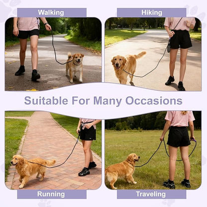 Hands Free Dog Leash, Adjustable Waist Leash with Car Seatbelt & Reflective Strips, for Jogging Hiking, Includes Poop Bag Pack, Black Purple