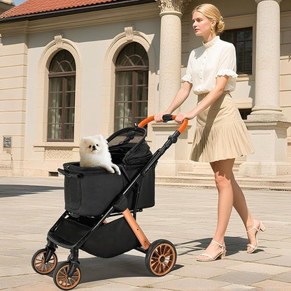 MAMIZO Foldable Dog Stroller for Medium Dogs Cats Up to 55 Lbs, Adjustable Height Handle, Pet Stroller with Aluminum and Carbon Steel Frame, Sun Shades, Storage Basket & Shock Absorbers, All-Terrain