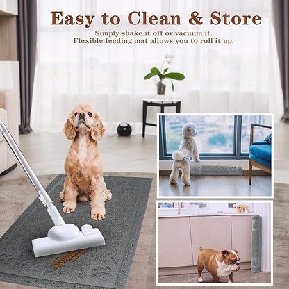 Prime Pets Pet Feeding Mat for Large Dogs and Cats, 24”x 16”, Flexible and Waterproof Dog Food Mat for Food and Water Bowl, Dog Bowl Mat with Non Slip Backing for Floor, Grey