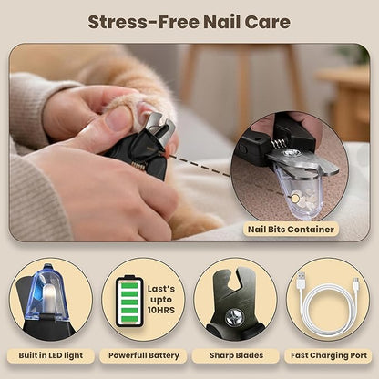 2-in-1 Dog Nail Clippers & Cat Nail Clipper with 2 LED Lights, USB Rechargeable with Safety Guard, Low Noise Grooming Tool for Small, Medium & Large Dog and Cat Nail Trimmer (Black)