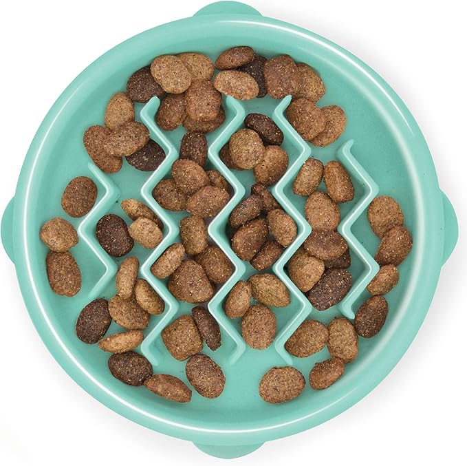 Outward Hound Fun Feeder Slo Bowl – Small 3/4-Cup Capacity, Slow Feeding, Small Dogs, Puppies & Cats, Non-Slip, Mint, Wave Pattern