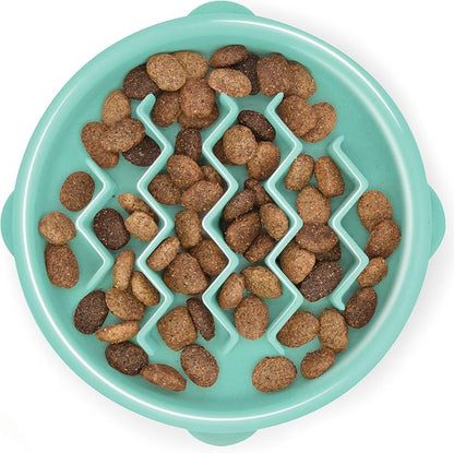 Outward Hound Fun Feeder Slo Bowl – Small 3/4-Cup Capacity, Slow Feeding, Small Dogs, Puppies & Cats, Non-Slip, Mint, Wave Pattern