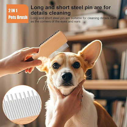 2 in 1 Pin and Boar Bristle Brush for Dogs & Cats, Shedding Grooming Dog Brush for Short Haired Dogs, Cats, Pets with Beech Wood Rubber Handle