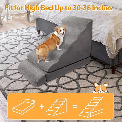 A.FATI 3-in-1 Dog Stairs for High Bed 30-36 Inches, 30D High Density Foam Pet Steps with, Non-Slip Dog Ramp for Small/Old/Short-Legged Dogs, Detachable Cover