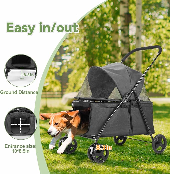 20% Larger Capacity, Wedyvko Dog Stroller for Medium/Small Pets w/Dog Poop Bags & Dispenser, Storage Pouch, Zipperless, Entry in/Out Easy (Black)