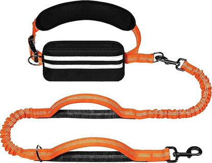 Hands Free Dog Leash with Zipper Pouch, Running Waist Leash for Dog Walking, Adjustable Waist Belt for Large Dogs, Reflective Bungee Design with Two Handle for Hiking, Training, Orange