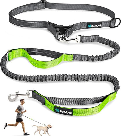 PetAmi Hands-Free Dog Leash for Walking, Running & Hiking, Heavy Duty Bungee Waist Leash with Dual Padded Handles, Adjustable Reflective Belt for Small, Medium & Large Dogs up to 150 lbs, Green