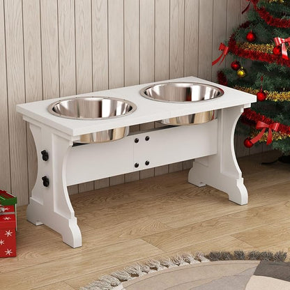 Piskyet Elevated Dog Bowls,Farmhouse Dog Bowls Stand, Raised Dog Bowl with 2 Stainless Steel Wooden Dog Bowls,7 Cups 11''H_55 oz Bowl-White, GWJ-01