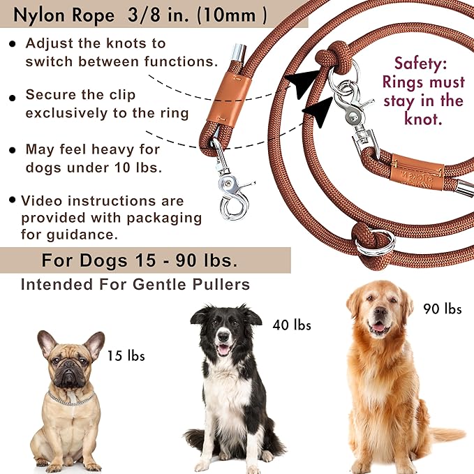 Hands Free Dog Leash, Waist Leash for Dog Walking, Crossbody, Multifunctional, Dog Lead, Running, 2 Dogs, Dual Handle, Traditional Lead, Adjustable Lead 4.3ft - 7.5ft, 3/8" (10mm) Diameter.