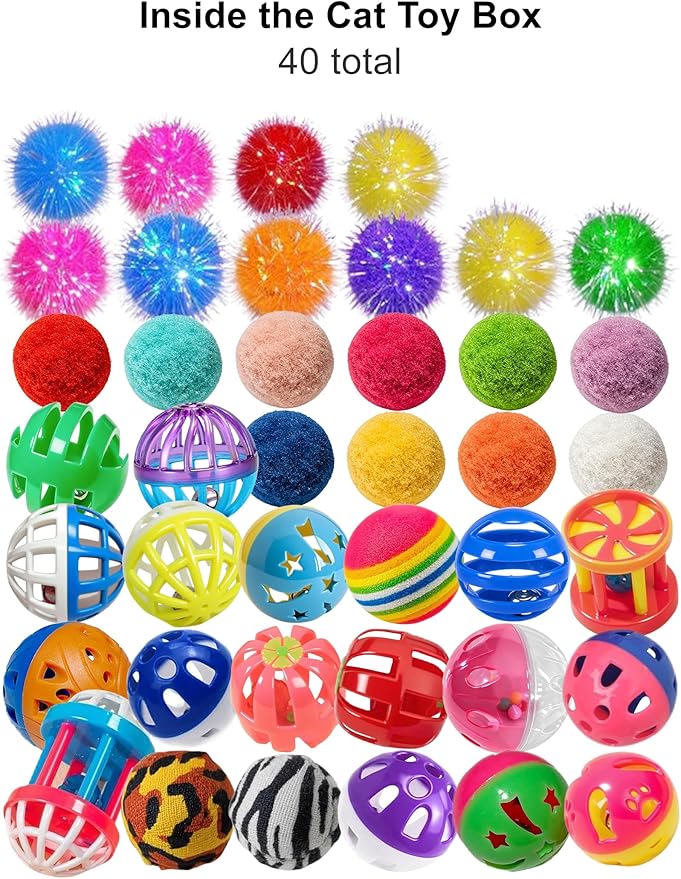 40 Pack Cat Toys Balls for Indoor Kitten, 20 Bell Balls 10 Plush Balls 10 Reflective Balls, Interactive Exercise Toys for All Cats (1.5'' - 2.3'')