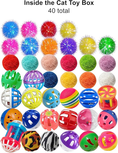 40 Pack Cat Toys Balls for Indoor Kitten, 20 Bell Balls 10 Plush Balls 10 Reflective Balls, Interactive Exercise Toys for All Cats (1.5'' - 2.3'')