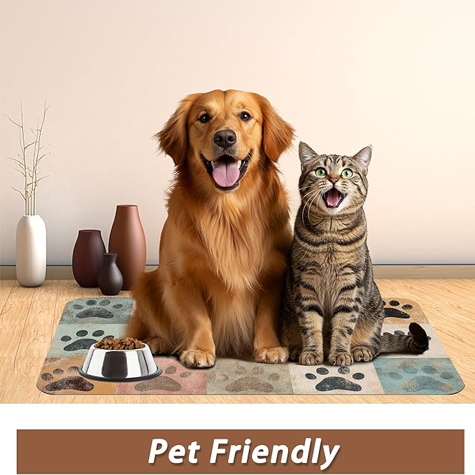 Cute Cat Paw Print Dog Food Mat for Floors,Vintage Absorbent Pet Food and Water Bowl Mats,Non-Slip Pet Feeding Mat,Pet Supplies 12" x 20"