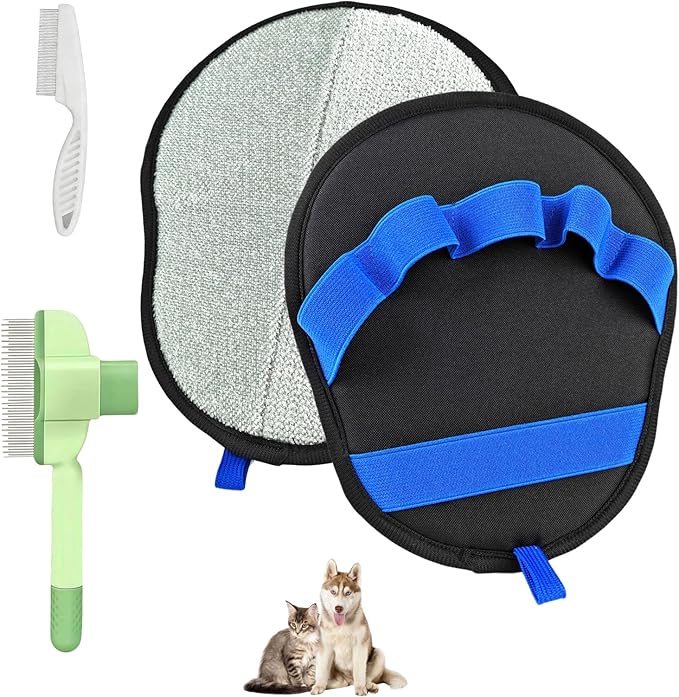 Pet Hair Removal Glove 3-in-1 Set,Electrostatic Pet Hair Removal Glove For Cat Couch Carpet Furniture Grooming,Magic Brush Pet Hair Remover With One-Click Self-Cleaning, Flea Comb For Cats Dogs
