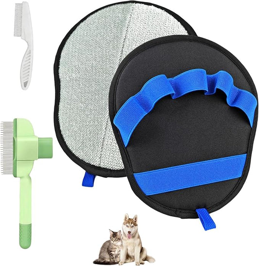 Pet Hair Removal Glove 3-in-1 Set,Electrostatic Pet Hair Removal Glove For Cat Couch Carpet Furniture Grooming,Magic Brush Pet Hair Remover With One-Click Self-Cleaning, Flea Comb For Cats Dogs