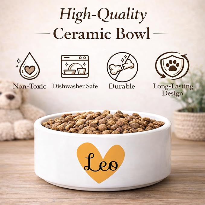 Custom Cat Bowl | Personalized Food & Water Dish with Name | Microwave & Dishwasher Safe Ceramic Pet Feeding Bowl for Kitty | Gift Idea for New Kitten Owners | White – Large