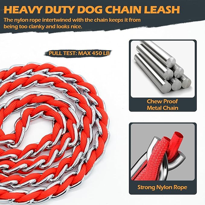 Chain Dog Leash Chew Proof Metal Leash for Medium Large Dogs, Chain Link Dog Anti Chew 5.2FT / 4FT Strong Anti Bite Comfortable Soft Padded Handle (Red, 5FT(80-150lb))