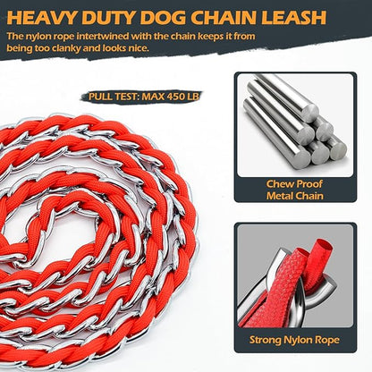 Chain Dog Leash Chew Proof Metal Leash for Medium Large Dogs, Chain Link Dog Anti Chew 5.2FT / 4FT Strong Anti Bite Comfortable Soft Padded Handle (Red, 5FT(80-150lb))
