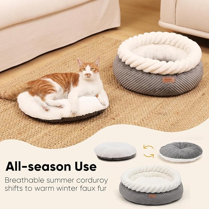 FUKUMARU Cat Bed, Calming Donut Dog Beds, Plush Faux Fur&Corduroy Cat Beds, Cute Round Washable Pet Bed for Large Cats and Small Dogs, Cat Cave with Anti-Slip Bottom, 21inch, Grey