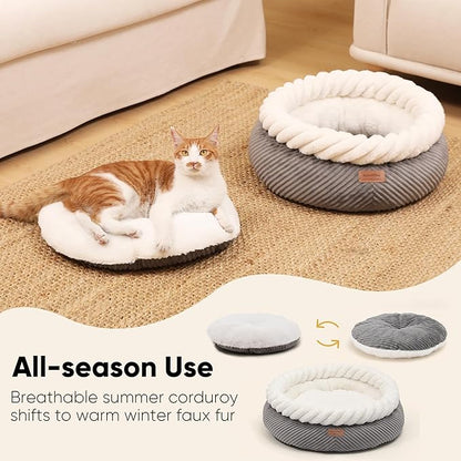 FUKUMARU Cat Bed, Calming Donut Dog Beds, Plush Faux Fur&Corduroy Cat Beds, Cute Round Washable Pet Bed for Large Cats and Small Dogs, Cat Cave with Anti-Slip Bottom, 21inch, Grey