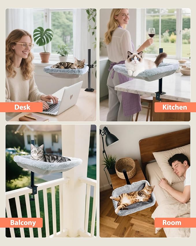 L&W BROS. Cat Desk Bed – Clamp-On Desk Cat Hammock with 360° Rotating Arm, Adjustable Height Cat Perch for Desk, Heavy Duty Metal Frame, Dual-Sided Washable Cover, Holds Up to 35LB