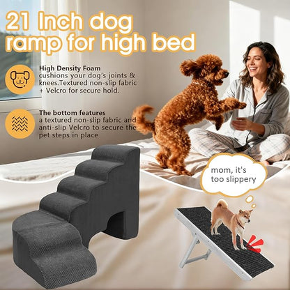 Dog Stairs for High Beds, 6 Steps Soft Foam Pet Stairs for Bed 27-30 inches, L Shaped Dog Steps, Non-Slip Sturdy Pet Stairs, 30D Foam Doggie Ramp for Small/Large Dogs/Old Cats