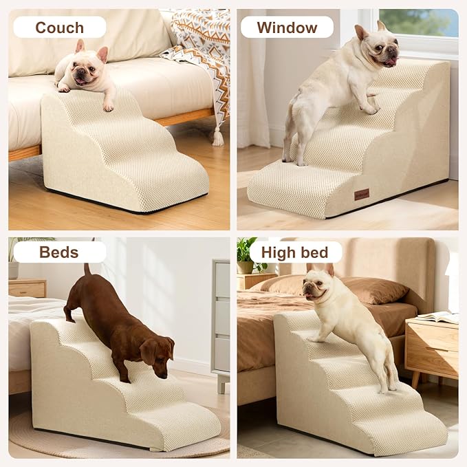 Dog Steps for Bed and Couch,4-Step Dog Stairs and Ramp for Small Dogs & Cats,Indoor Anti-Slip Pet Stairs for Old Cats and Puppy,Beige