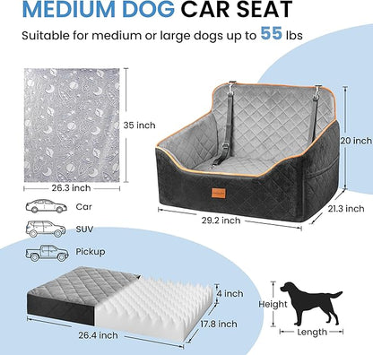 Dog Car Seat for Medium Dogs - Pet Car Seat with 2 Safety Straps & Waterproof Padding, Portable Pet Carrier for Cars, Trucks & SUVs, Comfortable Booster Bed for Pets Up to 55lbs (Black/Grey)