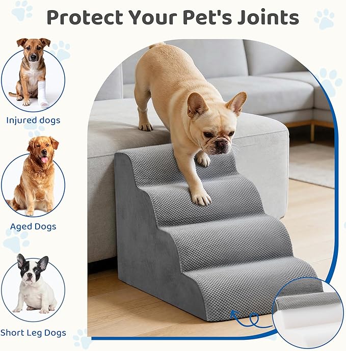 DUMOS Dog Stairs Ramp for Small Dogs and Cats, 4-Step Curved Pet Dog Steps with High-Density Foam for Puppy and Older Cats, Indoor Non-Slip Pet Ladder Ramp Stairs for Couch, High Beds, Sofa, Car, Grey