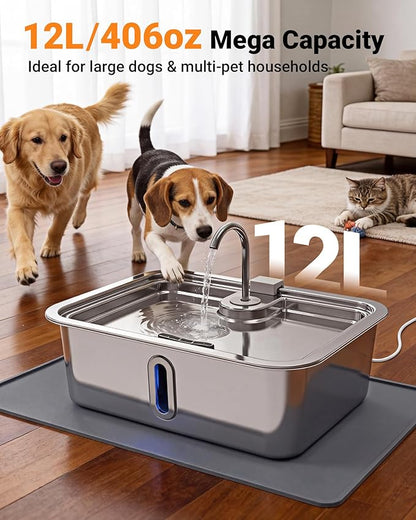 12L/3.17Gal Dog Water Fountain with Silicone Mat & 3 Filters, Stainless Steel Multi Pet Water Dispenser, Quiet Automatic Dog Water Bowl Dispenser with Visible Window & Alert Light for Large Dogs Cats