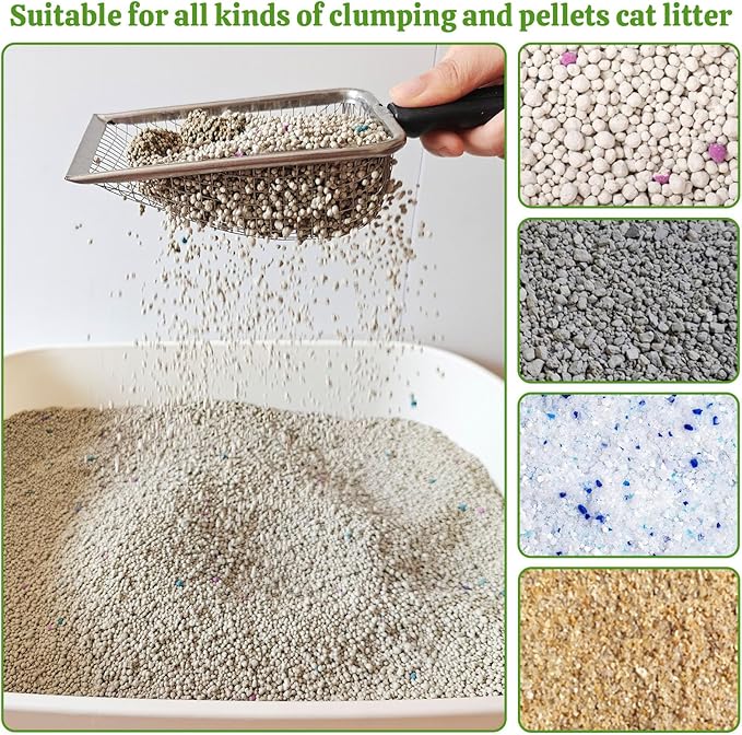 2Pcs Cat Litter Scoop Metal Stainless Steel Mesh Kitty Litter Scoop with Hook, Cat Scooper for Litter Box, Filter Small Pieces Quickly, Easy to Clean and Durable (3mm/5mm Mesh)