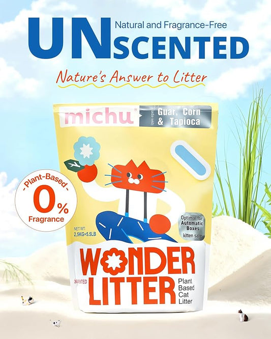 Michu Wonder Cat Litter, Cassava Plant-Based Cat Litter, Automatic Litter Box Friendly, Flushable & Fast Clumping, Low Dust Odor Control, 5.5lb/88oz - Unscented 4 Pack