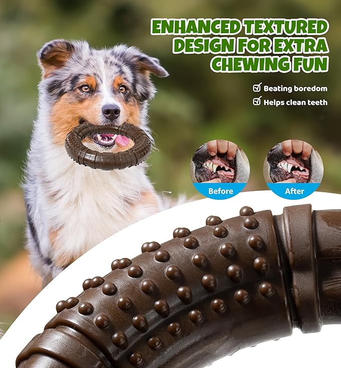 Tough Dog Chew Toy for Aggressive Chewers, Indestructible Beef Flavor Nylon Bone, Durable Dental Toy for Teeth Cleaning & Anxiety Relief, for Small Medium Large Dogs, Keep Them Busy (Brown-O)