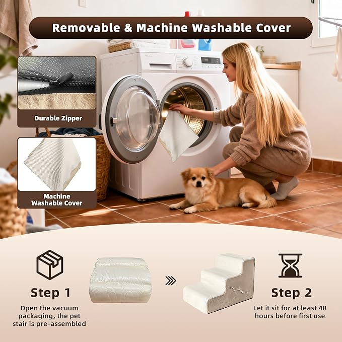 Mestuel Dog Stairs for Small Dogs Cats, Small Pet Stairs Steps, Foam 4-Tier Pet Stairs Steps for Couch Sofa, Dog Ramp Ladder Indoor with Nonslip Bottom &Washable Cover, Beige