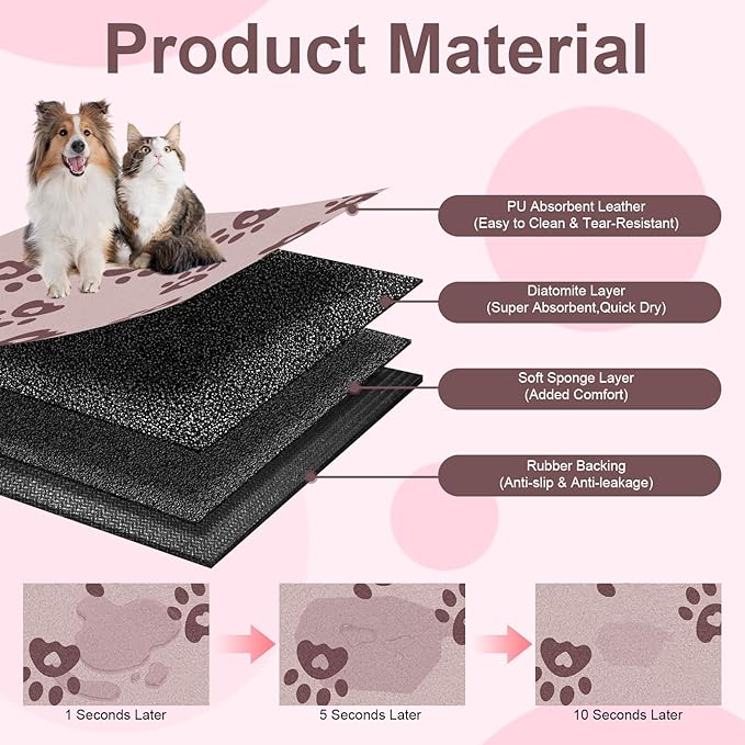 BLESWIN Pet Feeding Mat 12"x20", Absorbent Pet Food Mat, Dog Food Mat Small, Rubber Dog Mats are Non-Slip and Waterproof to Protect Floors, Mat for Cat Food and Water Bowls, Cat Feeding Mat, Pink